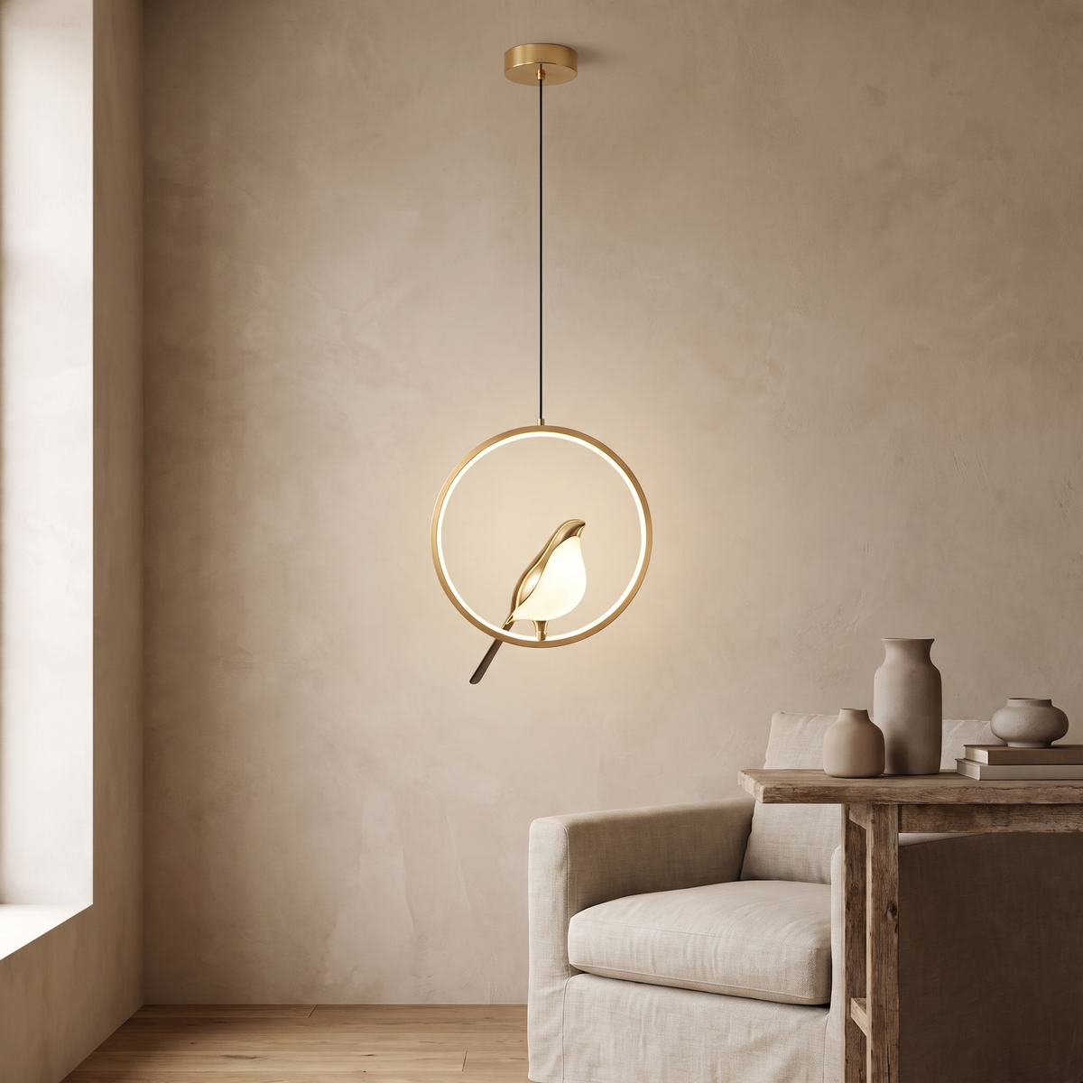Gold ring bird pendant glowing above a linen armchair and a wood console in a quiet living room
