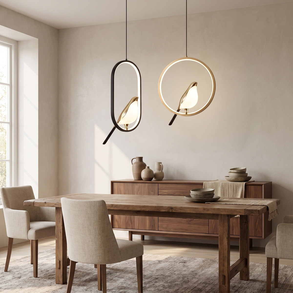 Black oval and gold ring bird pendants hung side by side over a walnut sideboard and dining table