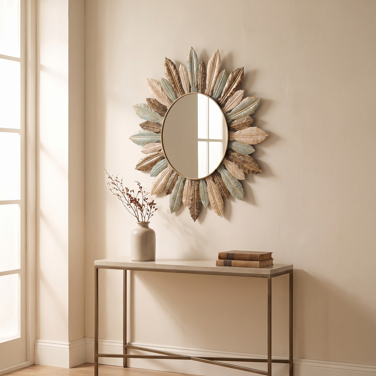 Close angled view of the Tinn mirror metal leaves
