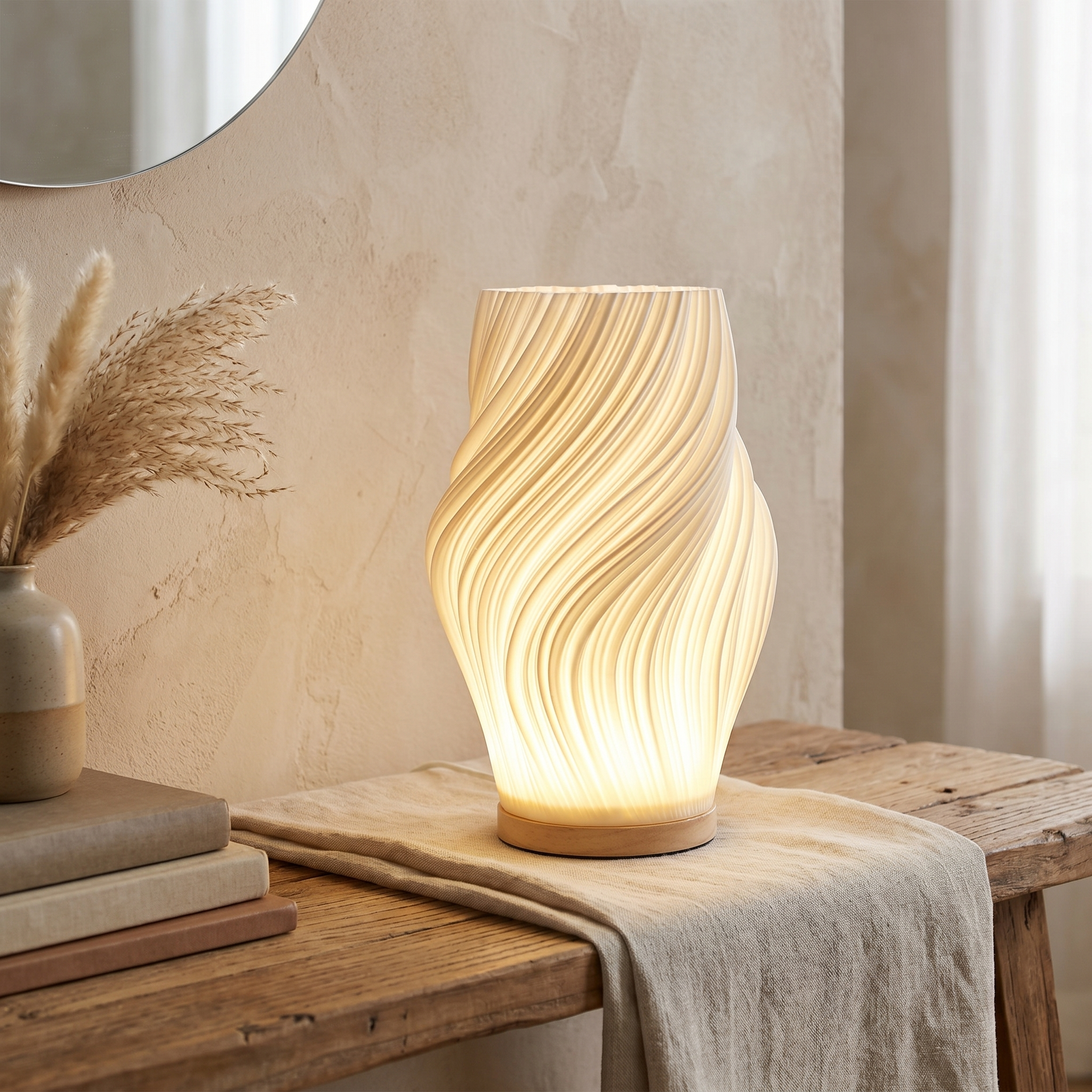 Table Lamp, Shaped Shade, Wood Base, Three-Step Dimmable, USB