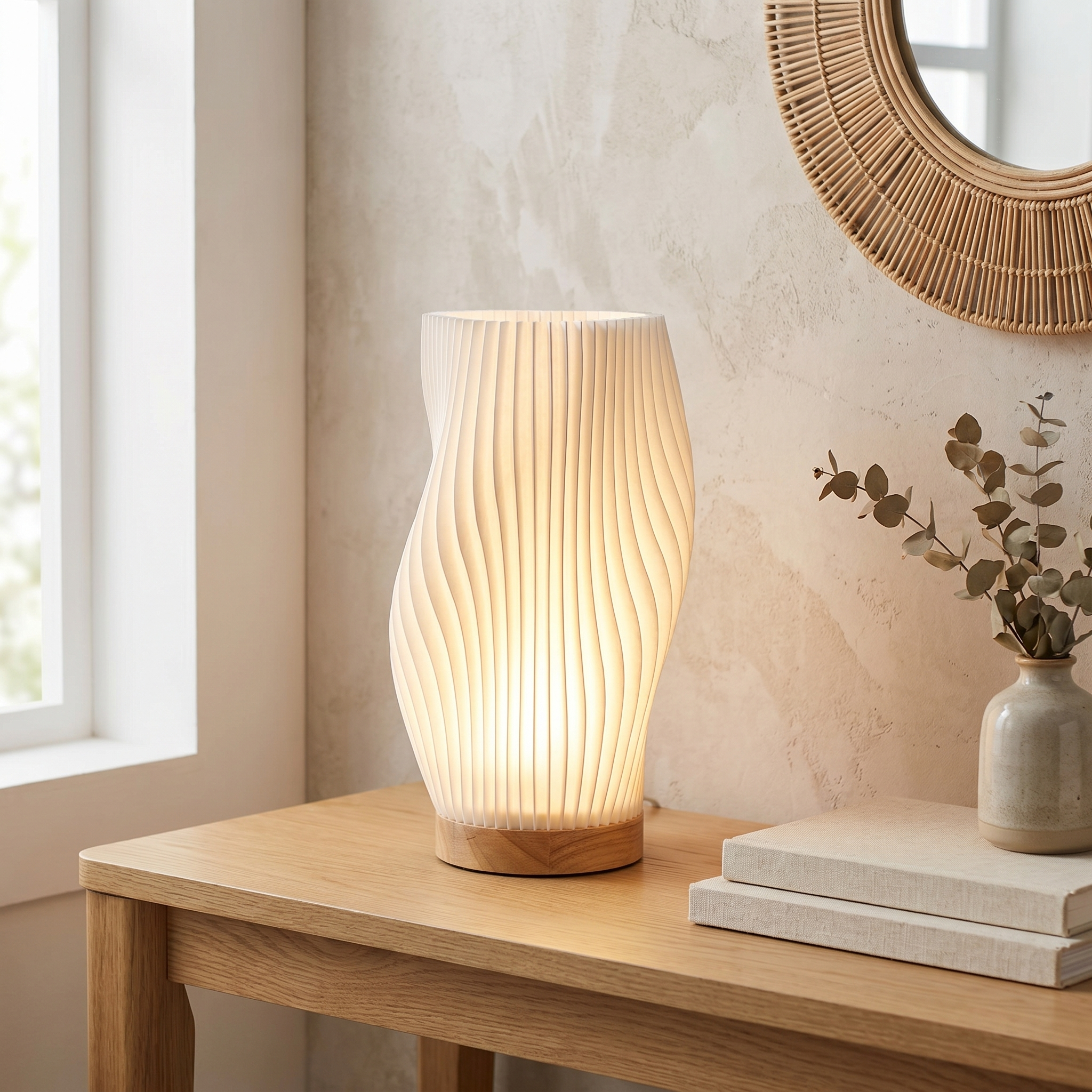 Table Lamp, Shaped Shade, Wood Base, Three-Step Dimmable, USB