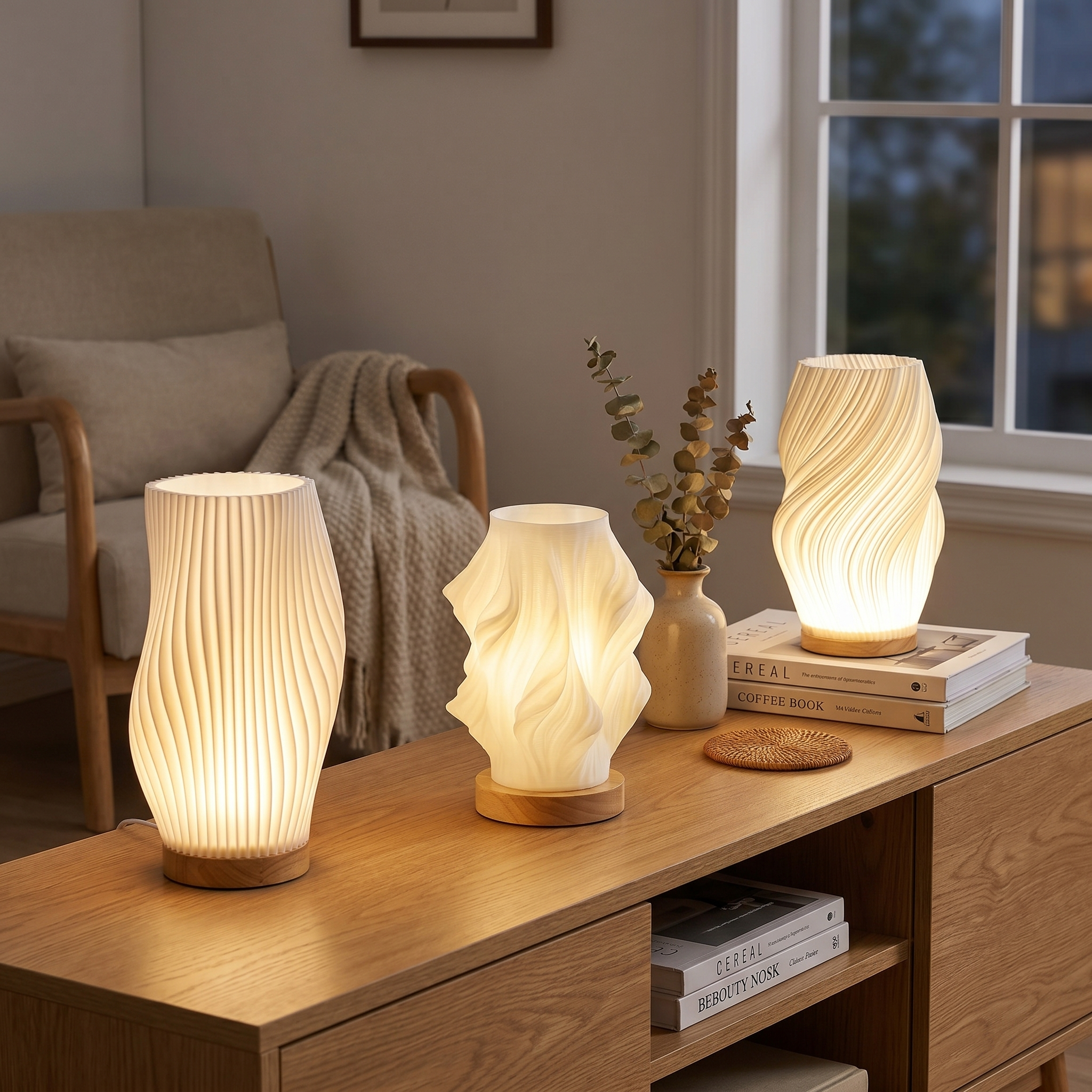 Table Lamp, Shaped Shade, Wood Base, Three-Step Dimmable, USB