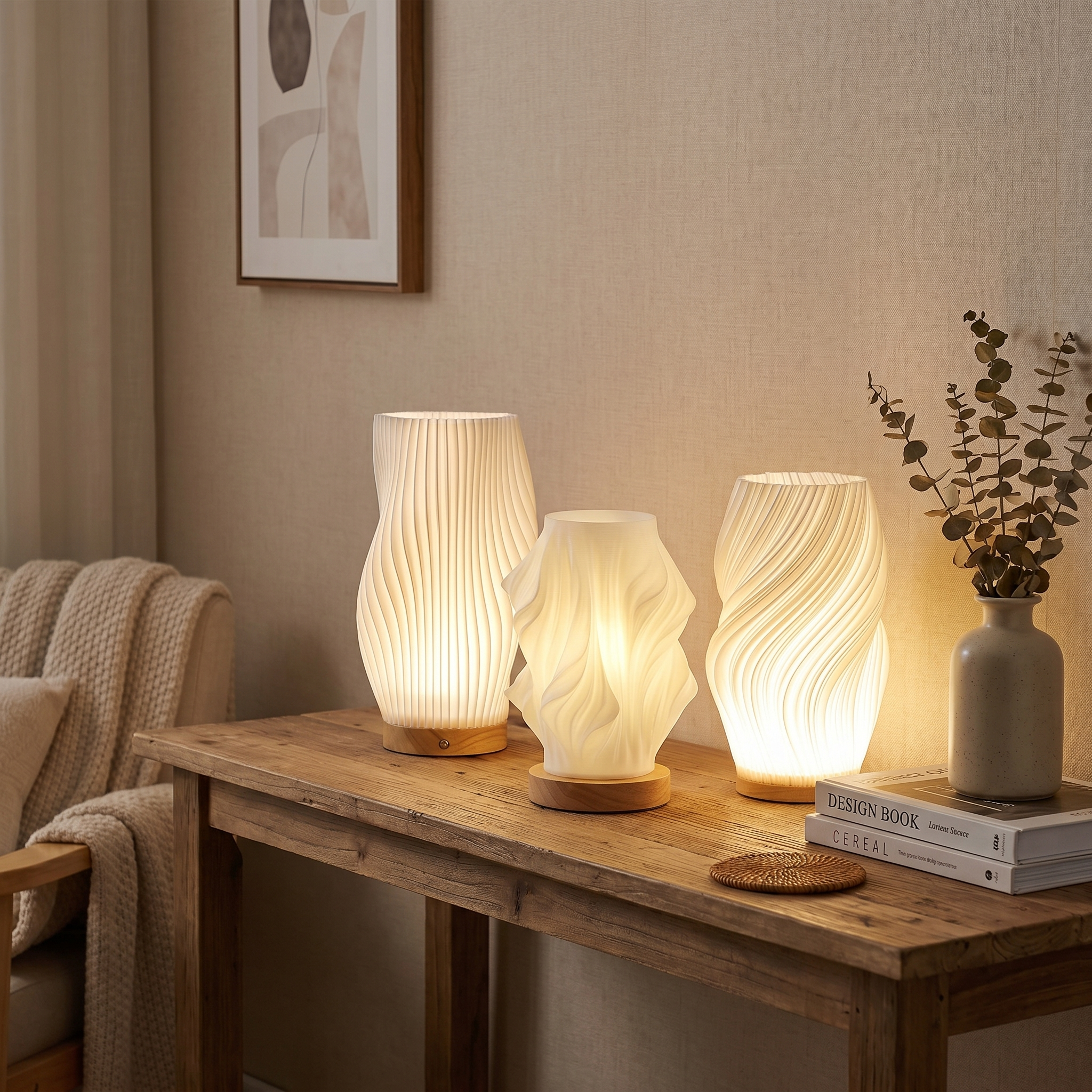 Table Lamp, Shaped Shade, Wood Base, Three-Step Dimmable, USB