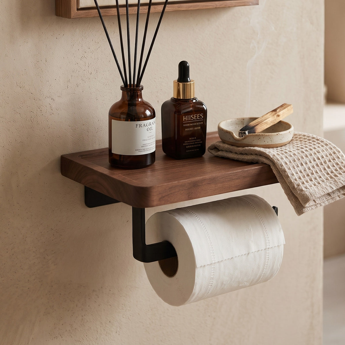 Toilet paper holder with a walnut tone bamboo shelf and black bracket, mounted in a bathroom