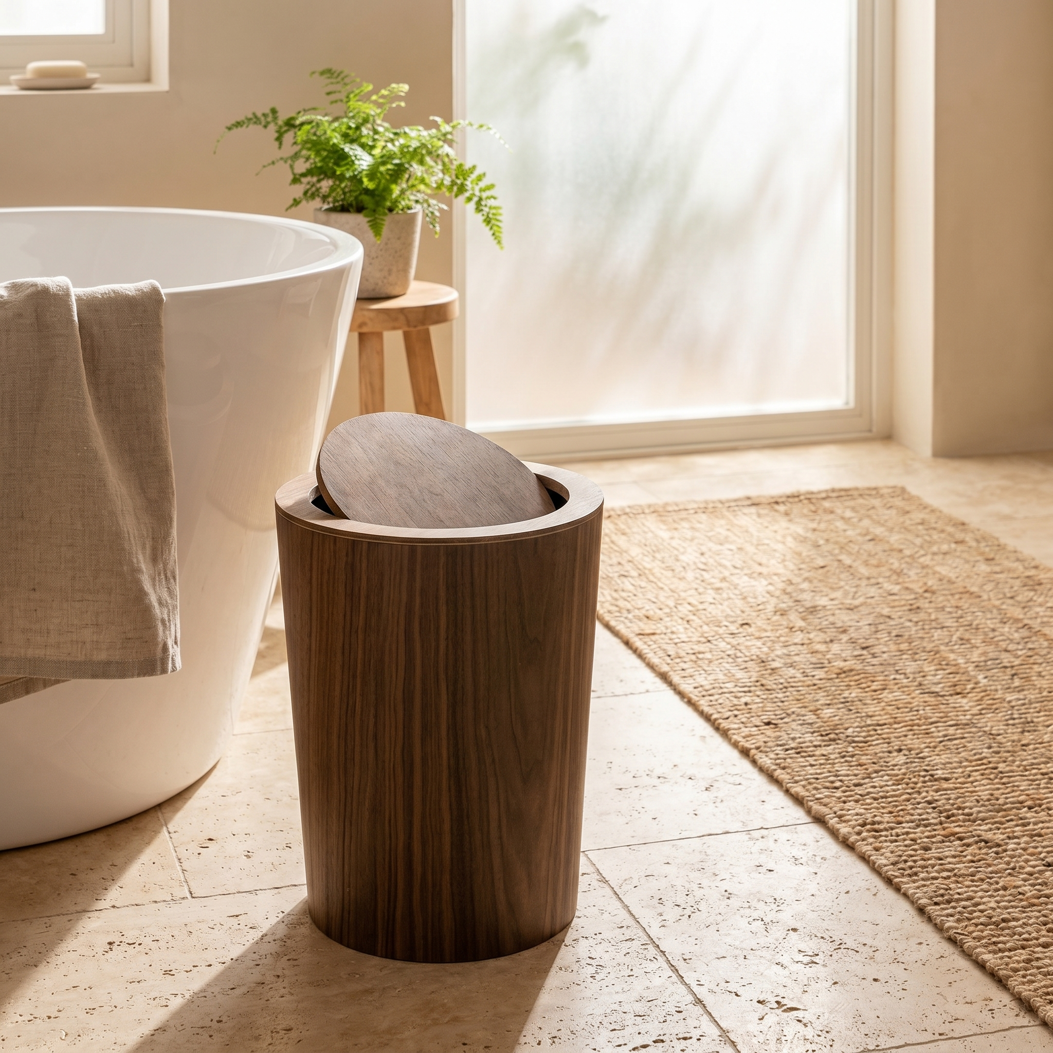 Timber-Style Rotating Waste Bin, Wood Grain, 360° Lid, 12'' x 9.5''