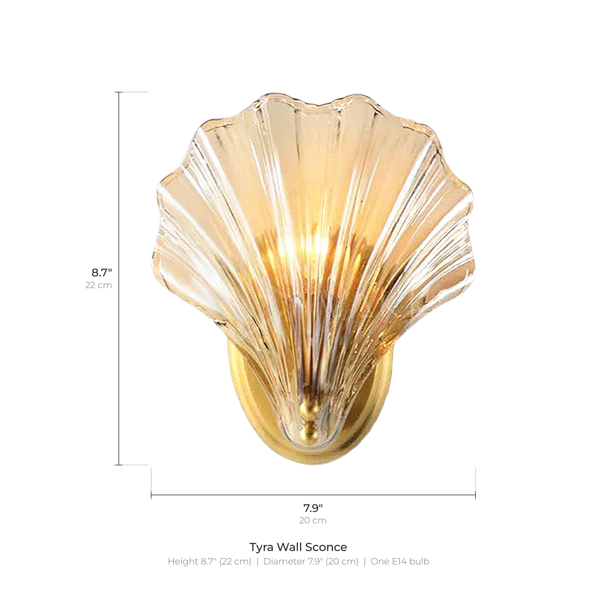 Tyra wall sconce dimensions: 8.7 inches (22 cm) tall and 7.9 inches (20 cm) across