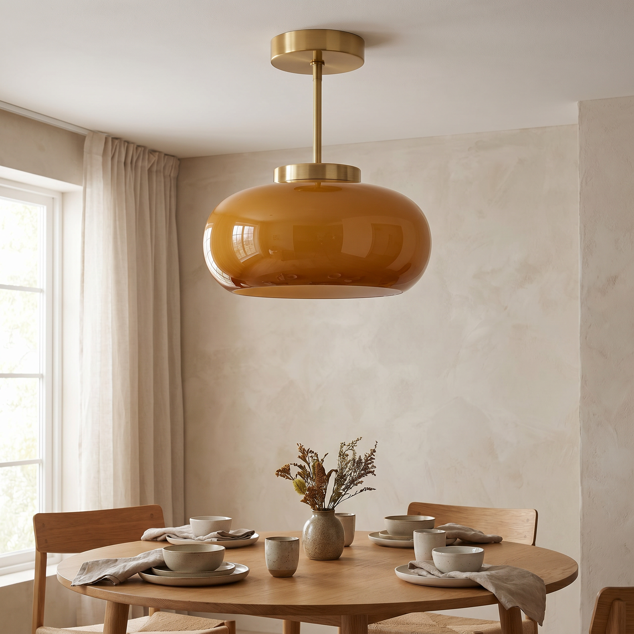 Vintage Brass Yellow Glass Semi-Flush Ceiling Light, E26, 28cm, Hardwired