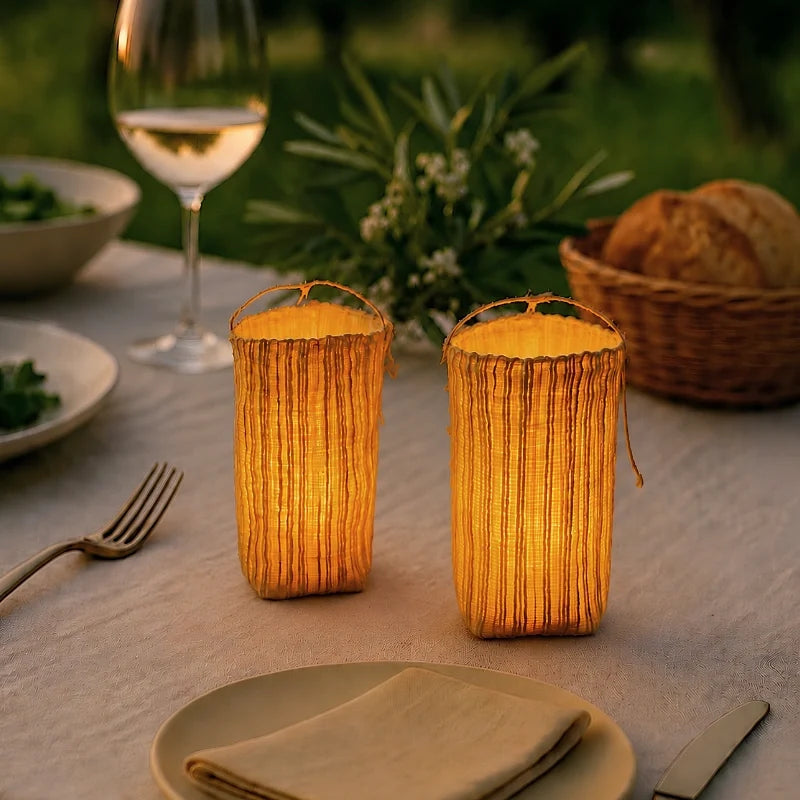 Two Vejle lanterns on a dinner table set for two