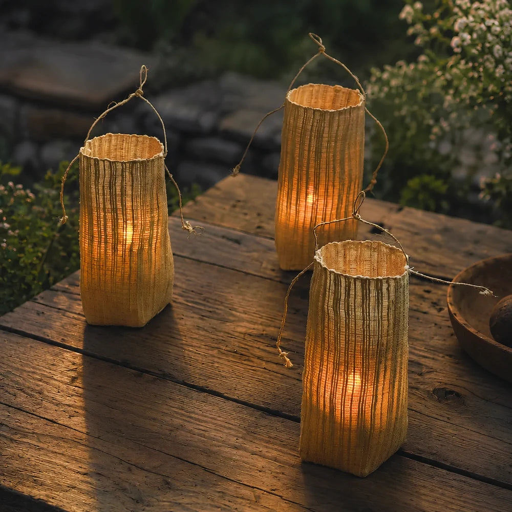 Three Vejle lanterns on a weathered wood table outdoors
