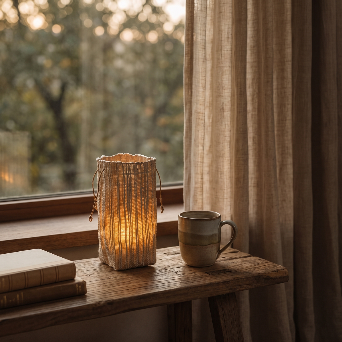 Vejle lantern glowing on a bench beside a ceramic cup