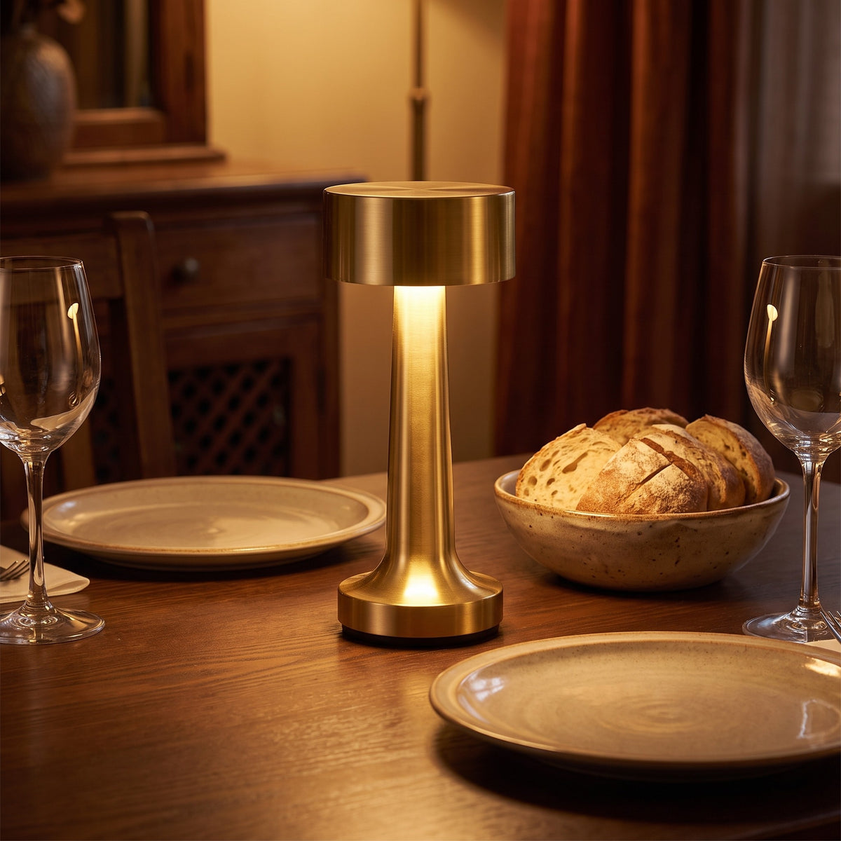 Venla table lamp in gold on a dinner table in the evening