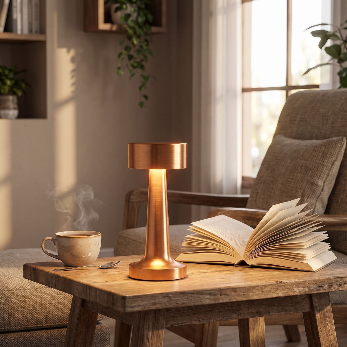 Venla table lamp in rose gold on a side table beside a reading chair