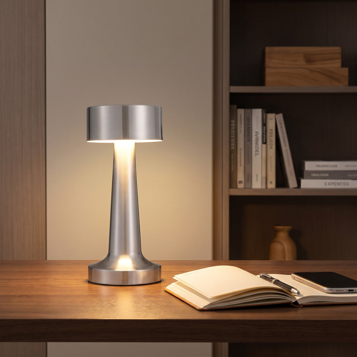 Venla table lamp in silver on a desk beside a notebook