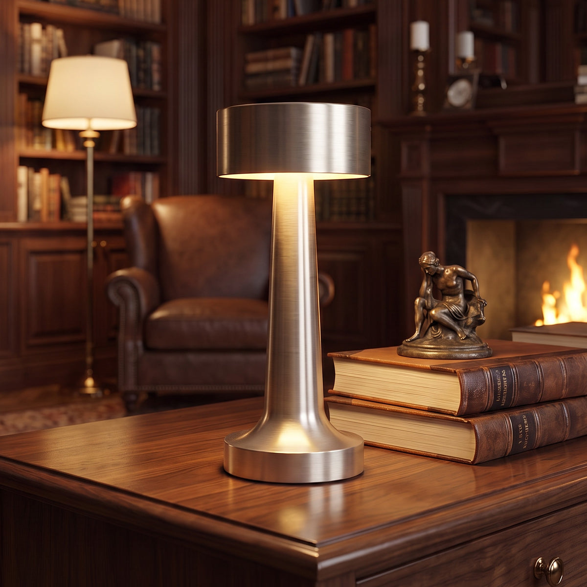 Venla table lamp in Silver on a side table in a wood paneled study