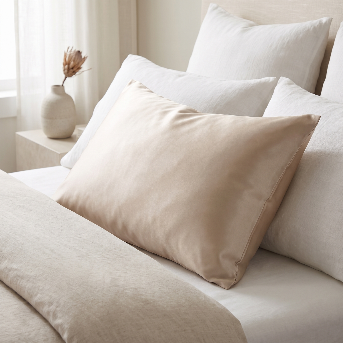 Vilde satin pillowcase in champagne on a made bed