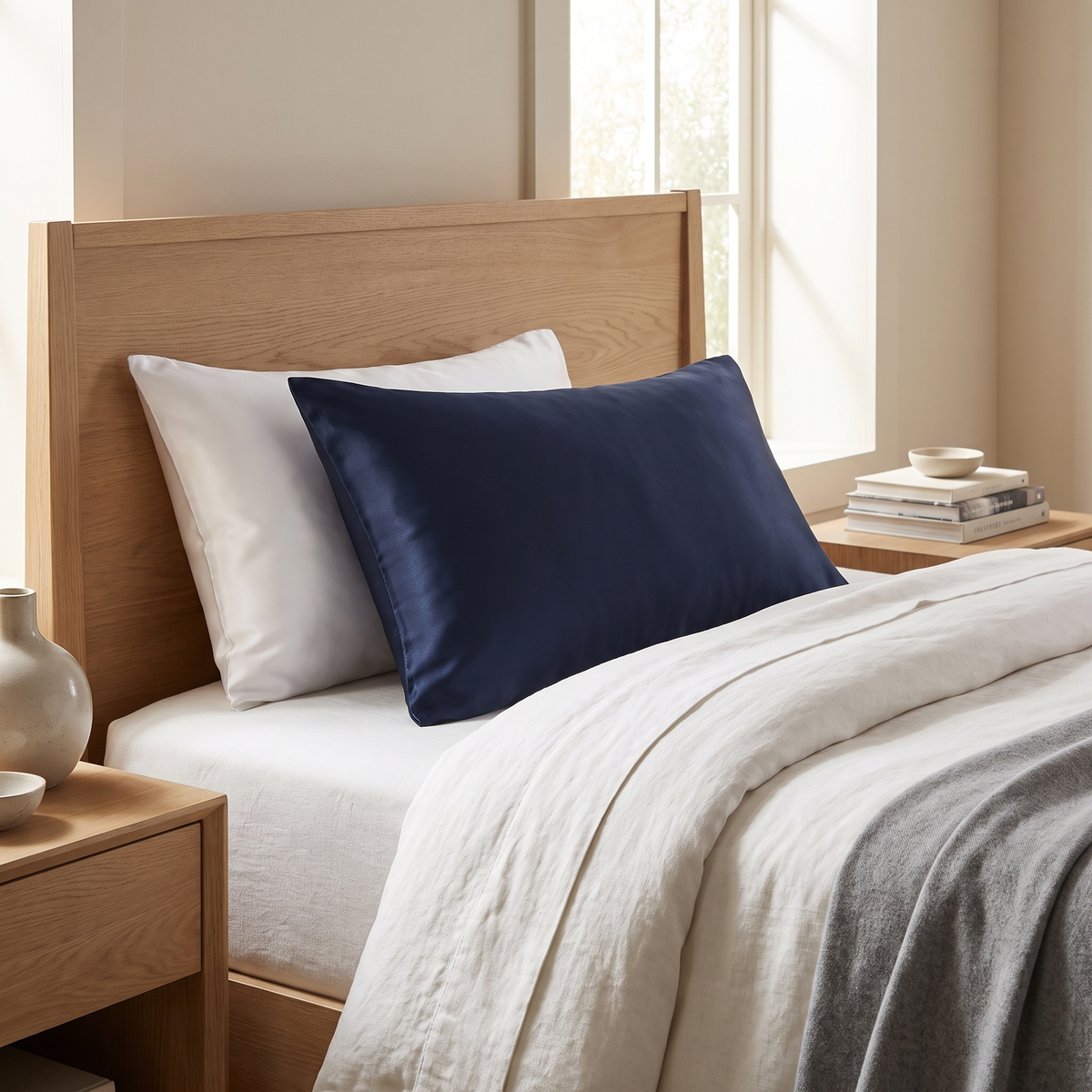 Vilde satin pillowcases in two colors paired on a bed