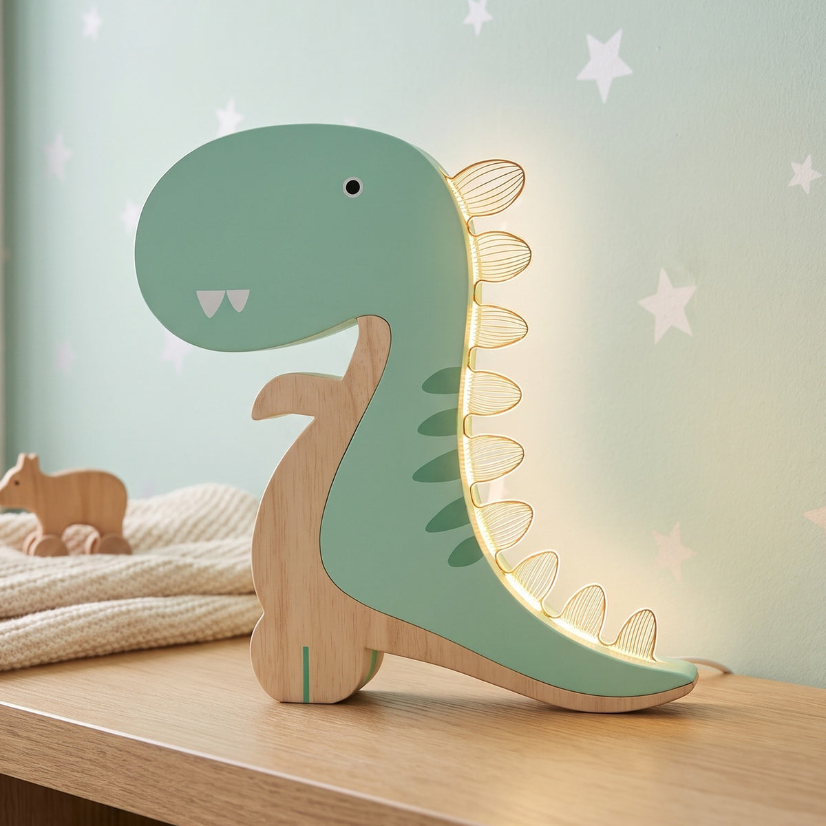 Vilma night light, wood and green acrylic dinosaur, glowing on a nursery shelf