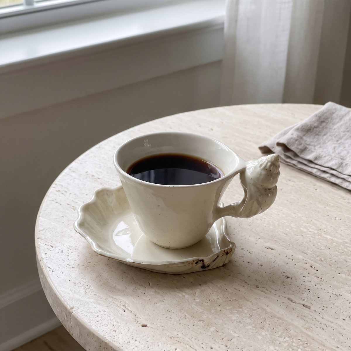 Vinje cup and saucer with black coffee on a travertine table, conch shell handle on the side