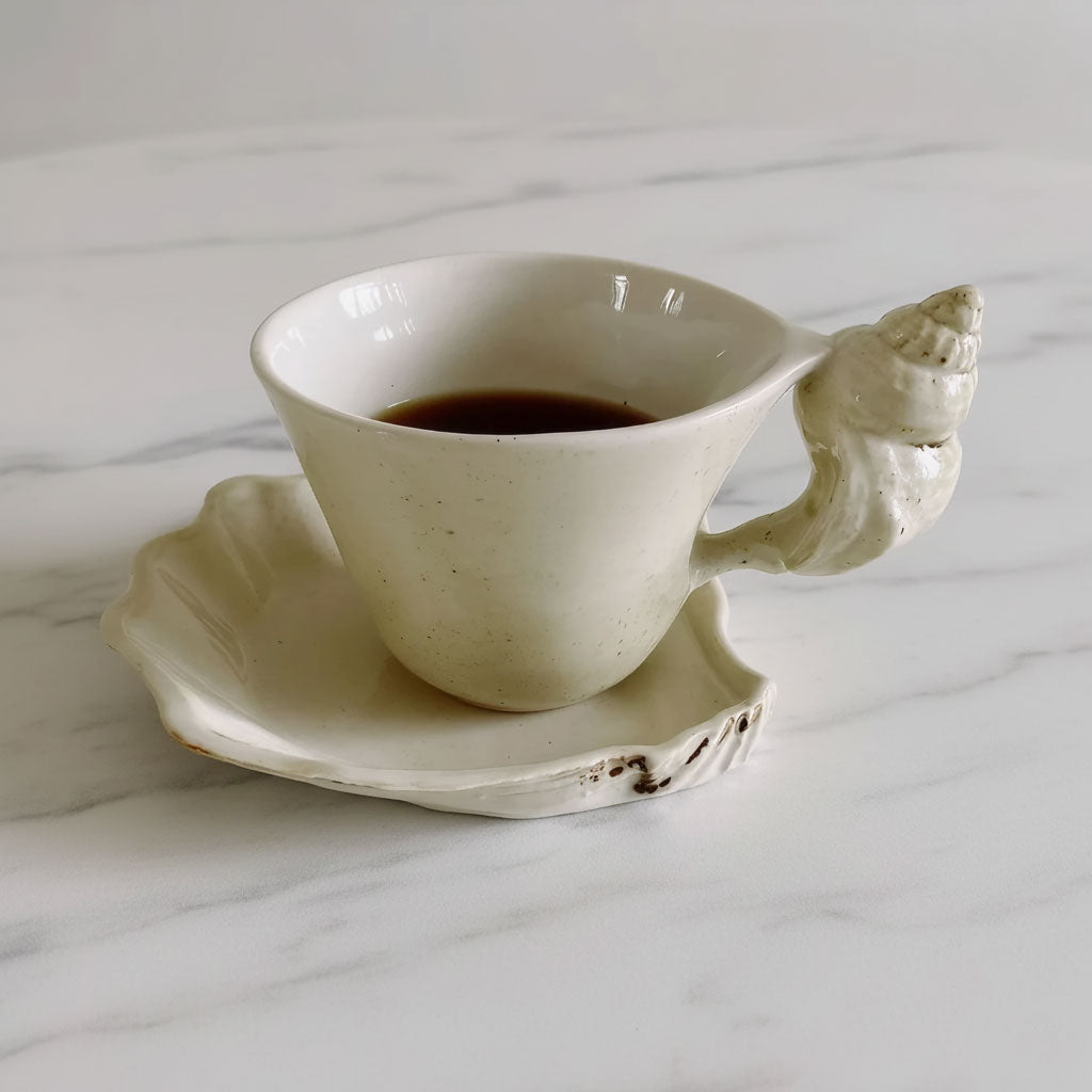 Cream cup with a shell handle and black coffee on its saucer on a marble table