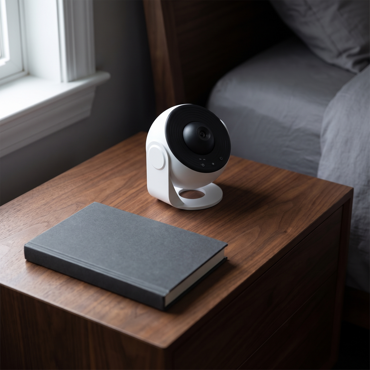 Visby star projector, Standard in White, on a walnut nightstand beside a book