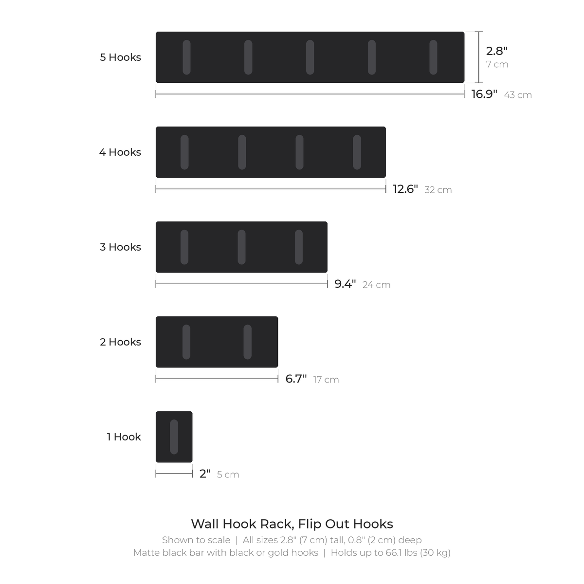 Wall hook rack sizes: 1 to 5 hooks, 2 to 16.9 inches long, all 2.8 inches tall