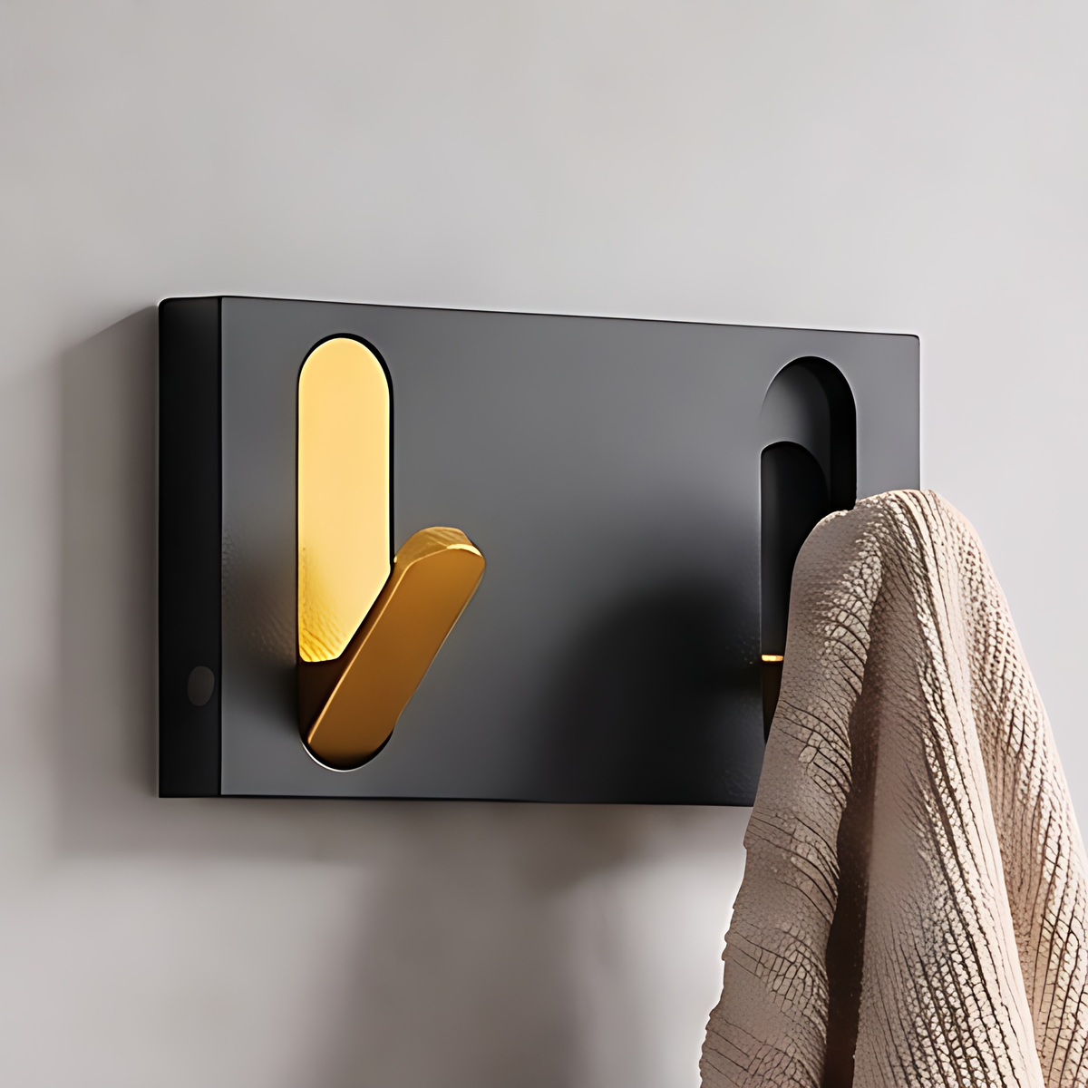 Wall hook rack with gold hooks, 2 hooks, 6.7", on a warm plaster wall