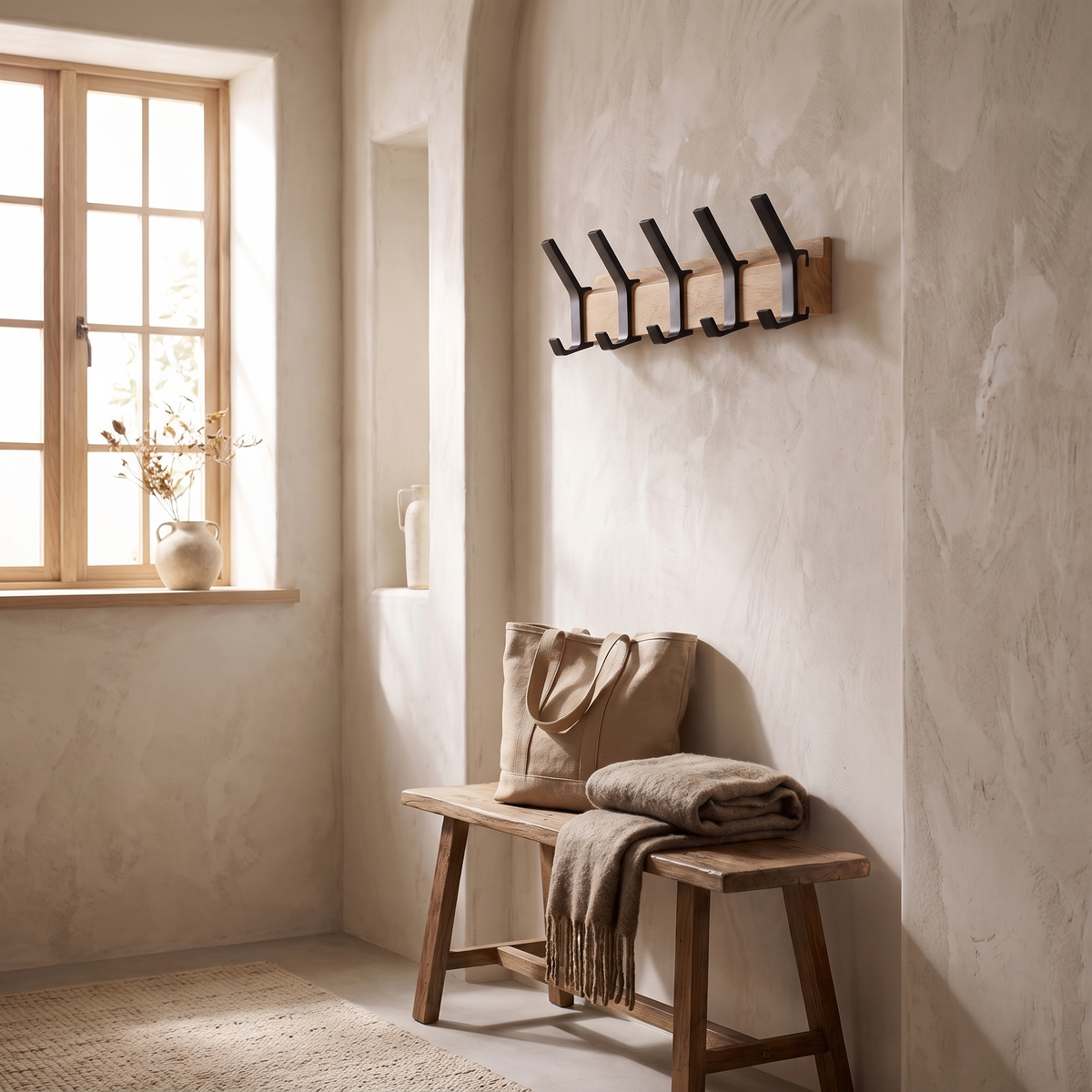 Rubberwood coat rack in a narrow hallway above a bench