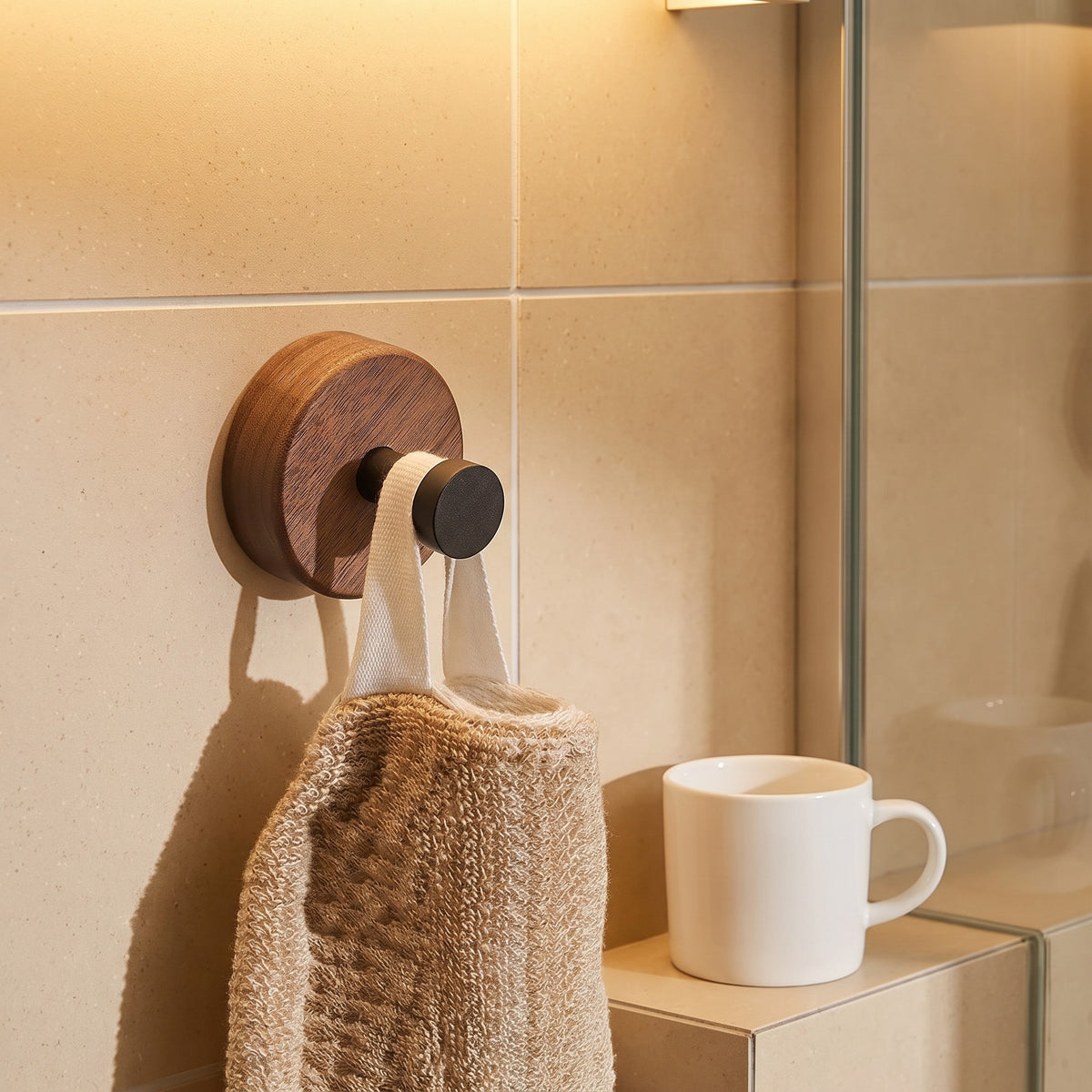 Round walnut wall hook holding a loofah beside a glass shower screen