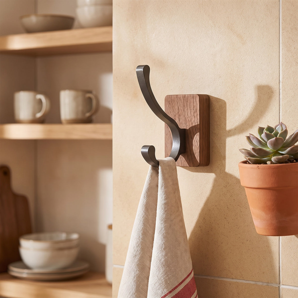 Walnut Double Hook holding a tea towel on a kitchen wall