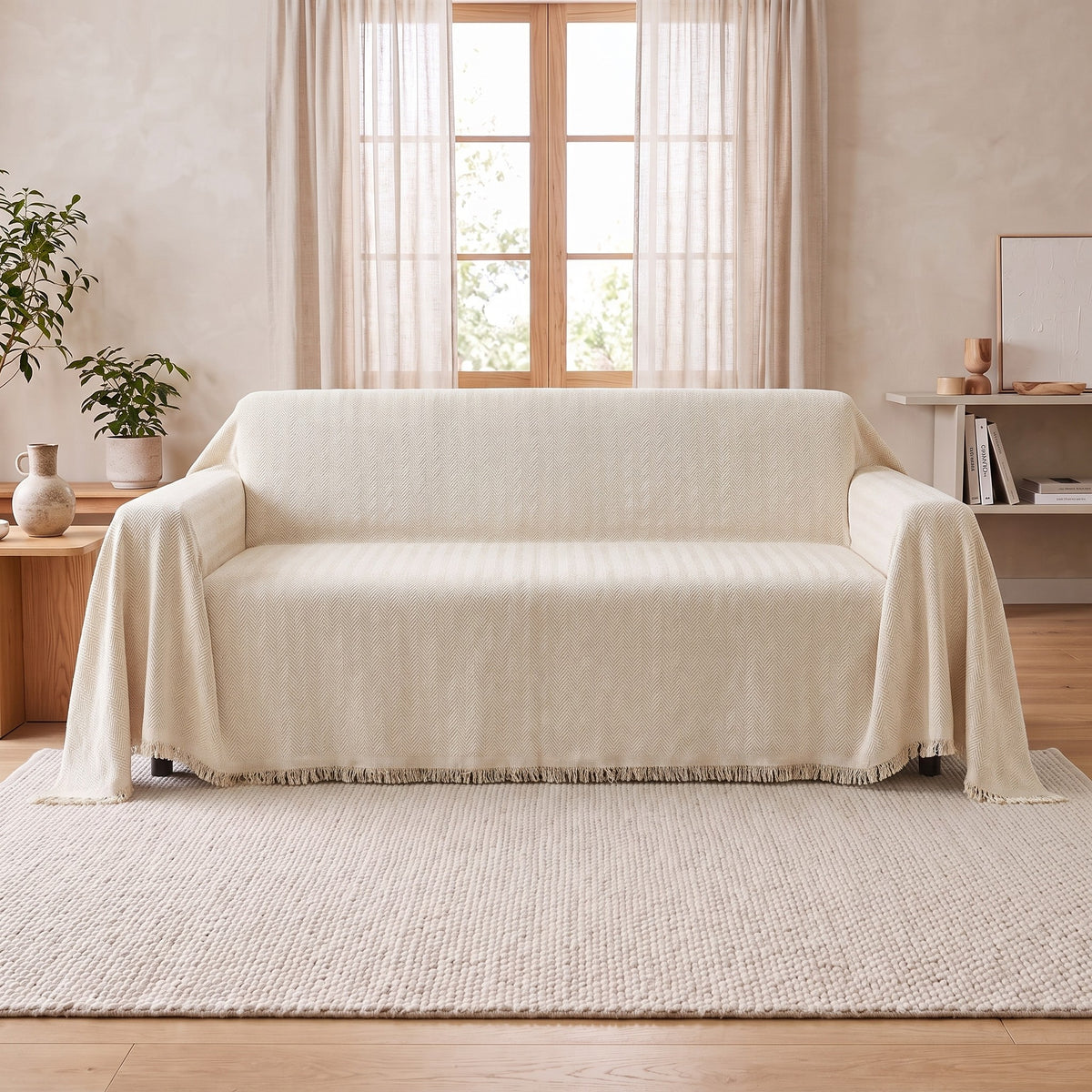 Couch Cover in Cream on a sofa