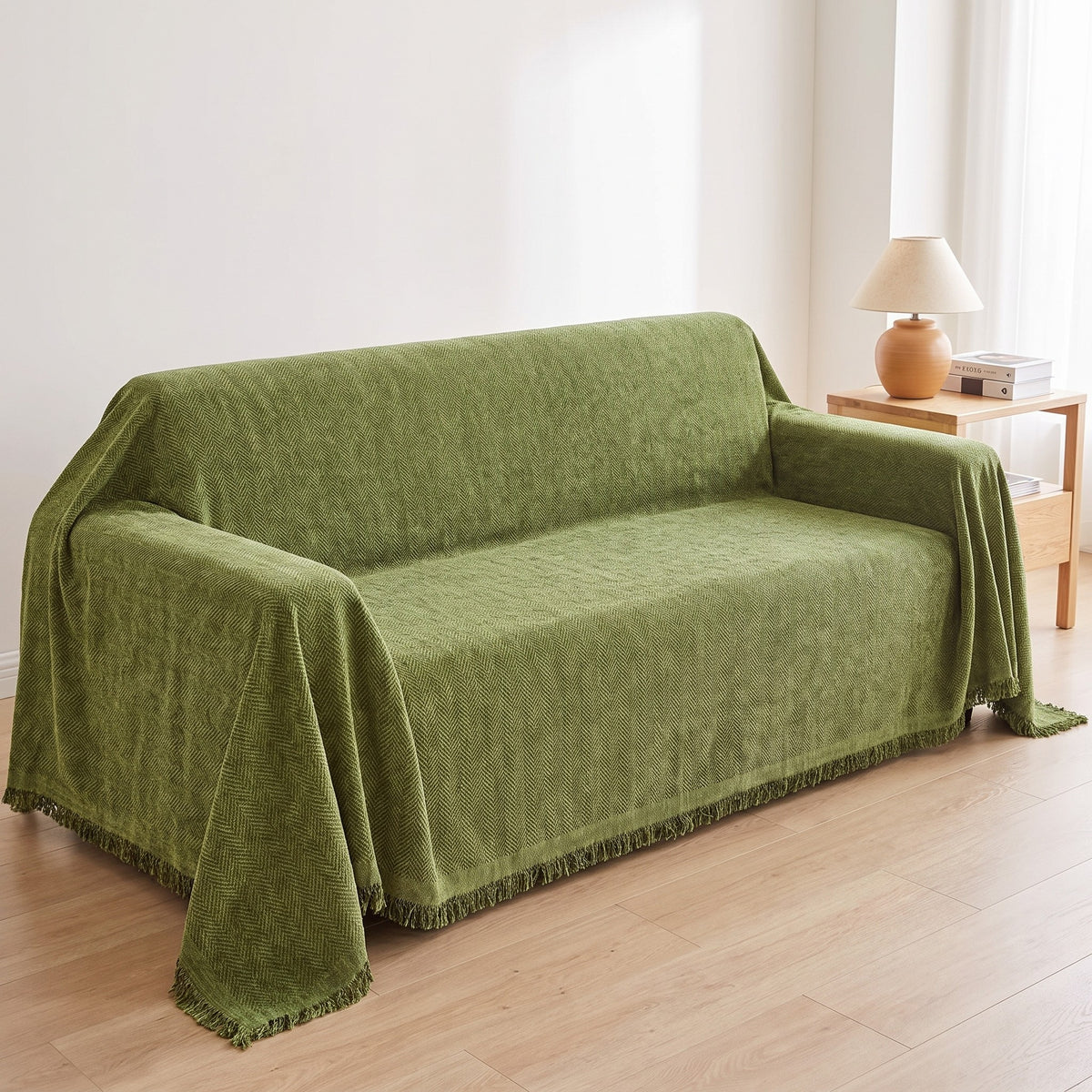 Couch Cover in Green on a sofa, drapes over your sofa