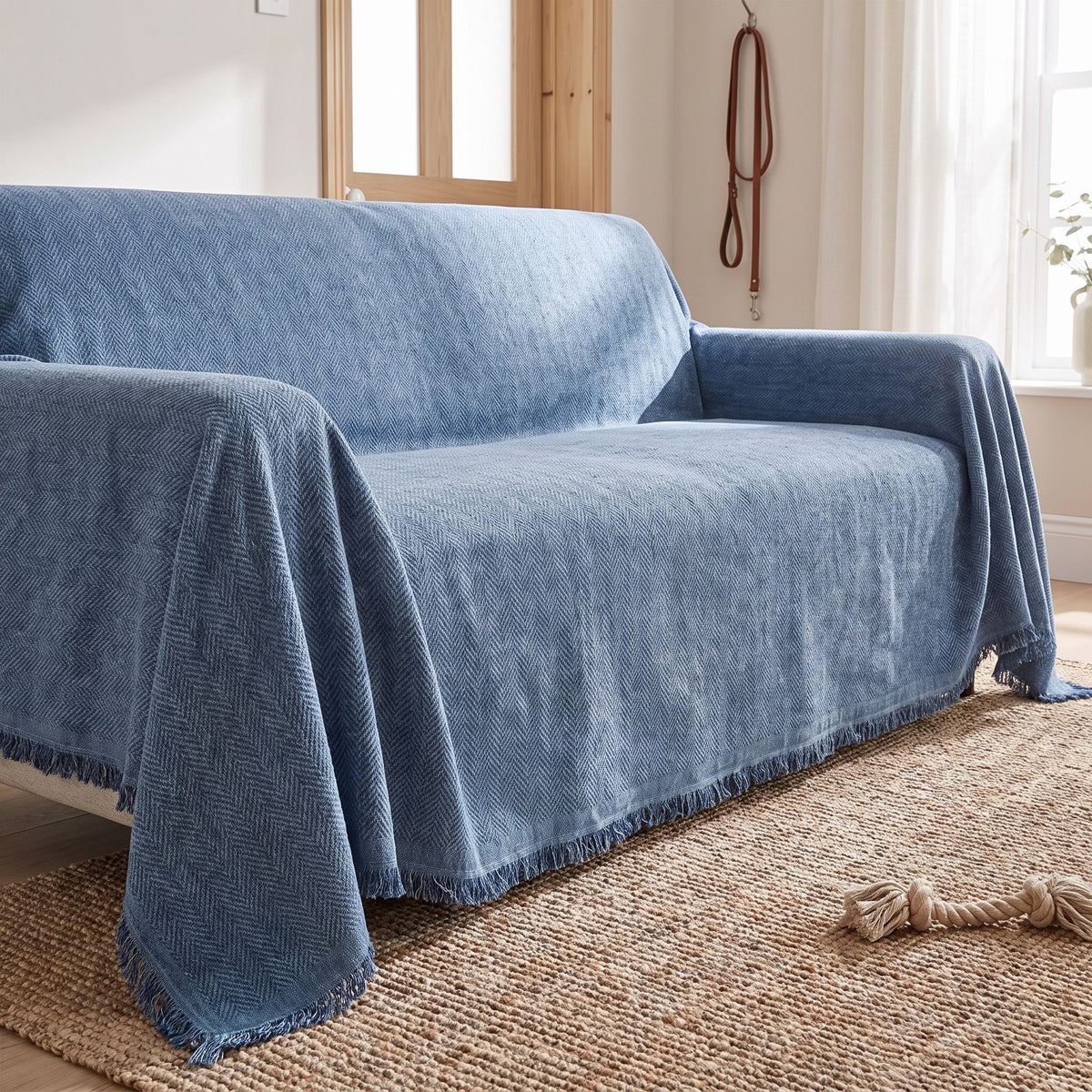 Couch Cover in Blue on a sofa, made for homes with pets