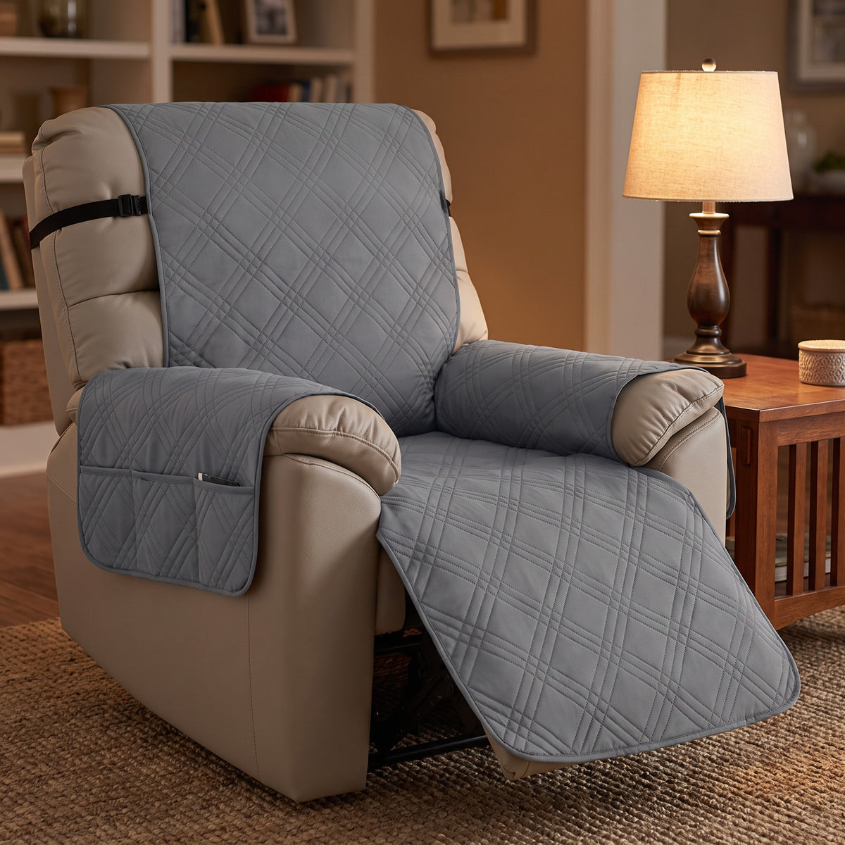 Recliner Cover in Dark Gray on a recliner in a lived in room