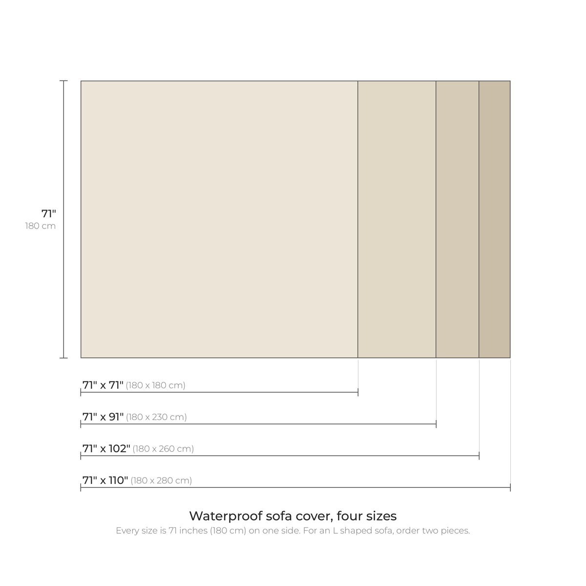 Waterproof sofa cover sizes: 71 inches by 71, 91, 102 or 110 inches