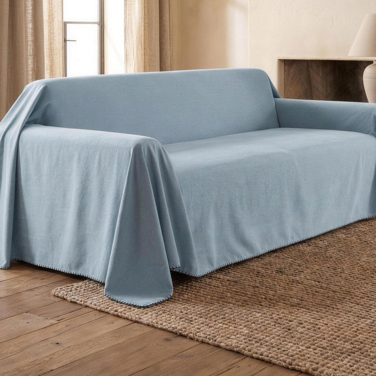 Light blue waterproof sofa cover draped over a sofa in a living room