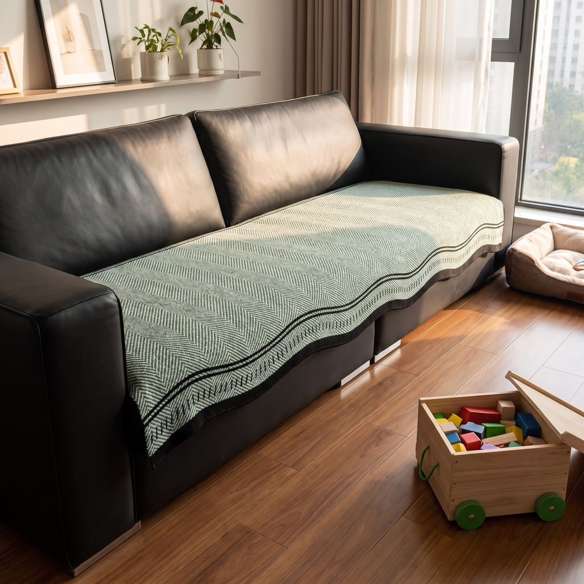 Sofa Cover in Green on a sofa, anti slip and washable