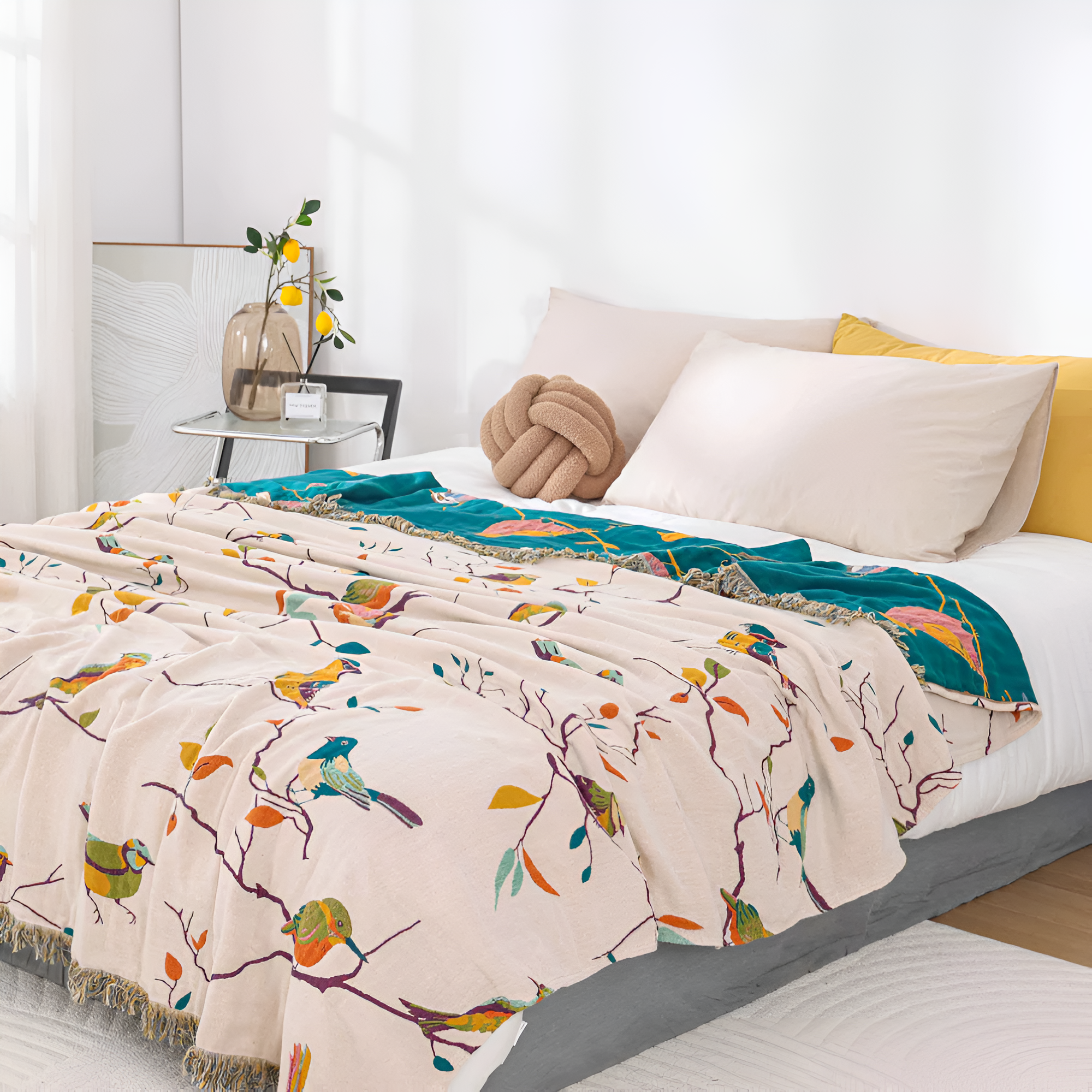 Whimsical Bird Tassel Cotton Blanket, Boho Queen