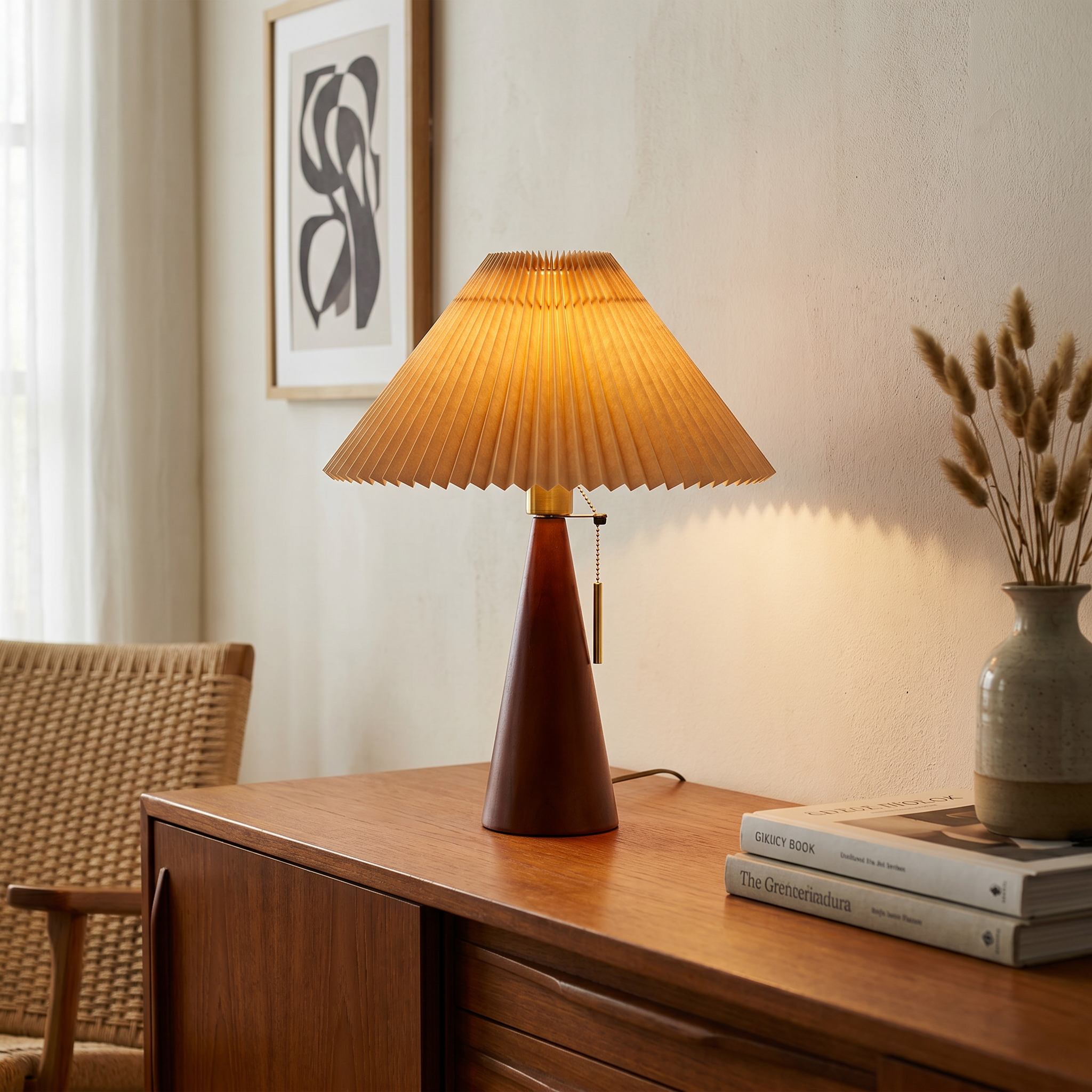 Wooden Fabric Table Lamp, E26, Light Brown or Walnut, 3 Light Color Options