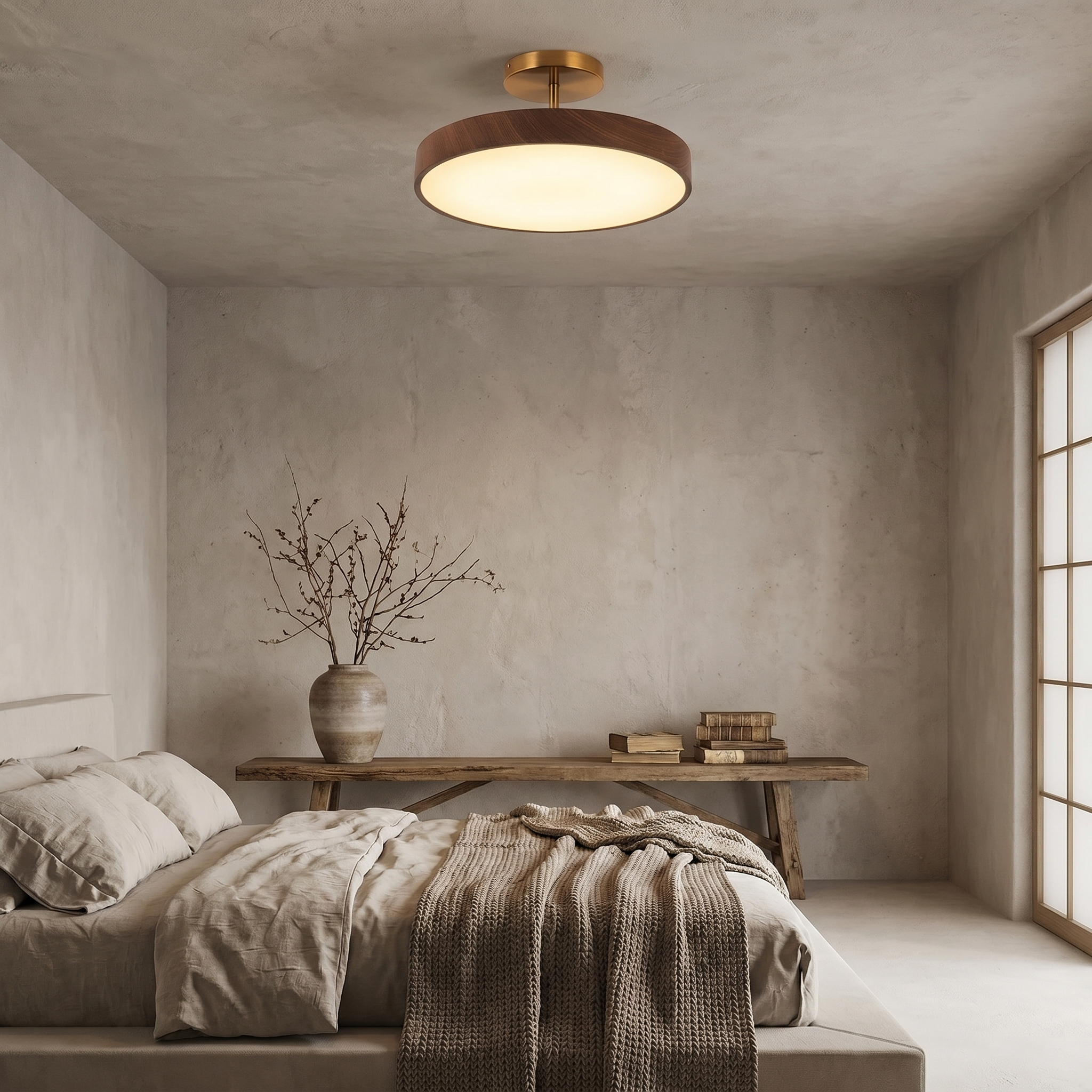 Wood Grain Round LED Semi-Flush Mount, Iron, Three Sizes, 3000K or Dimmable
