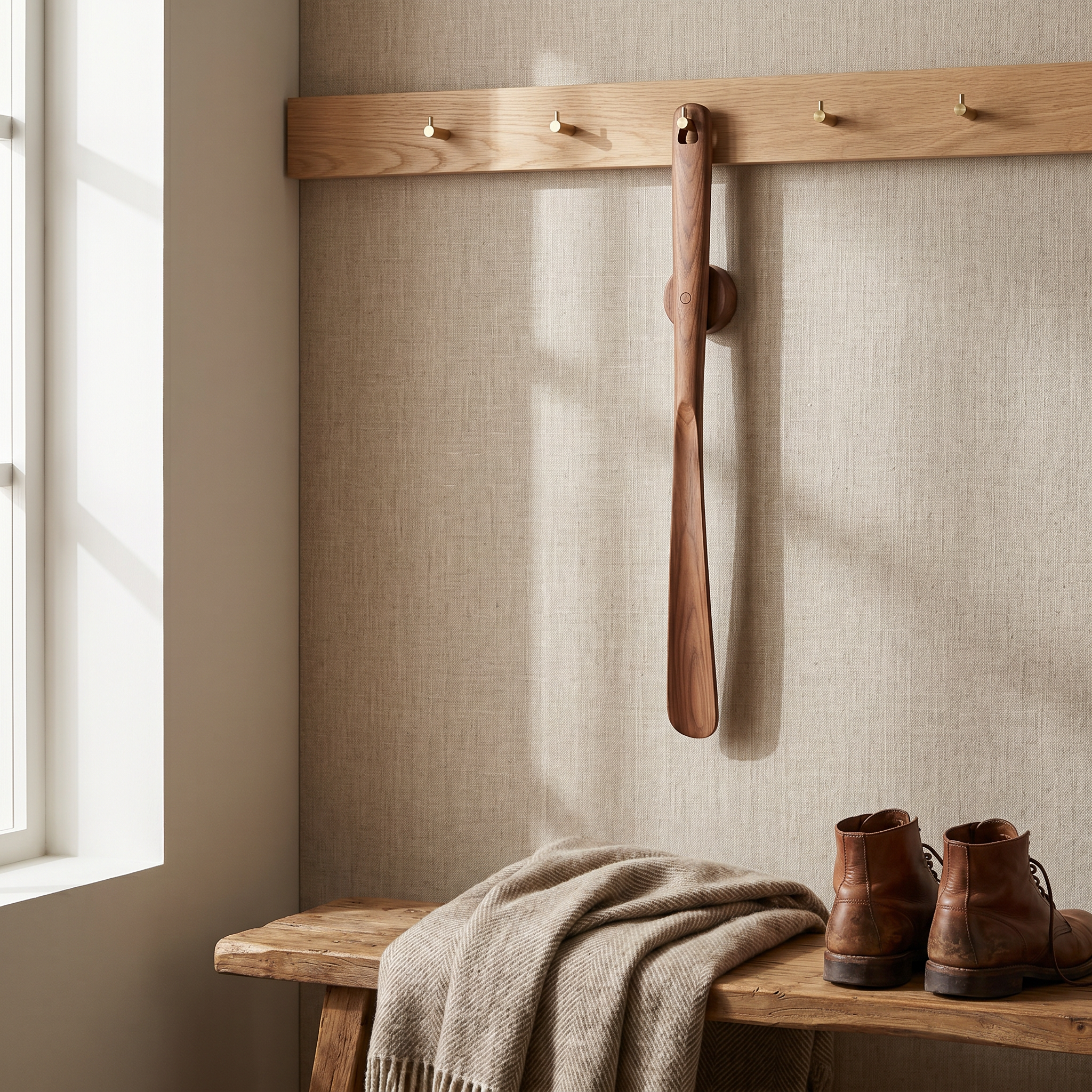 Walnut Magnetic Shoehorn, 50 cm Handle, Wall Mount, Heel Protection