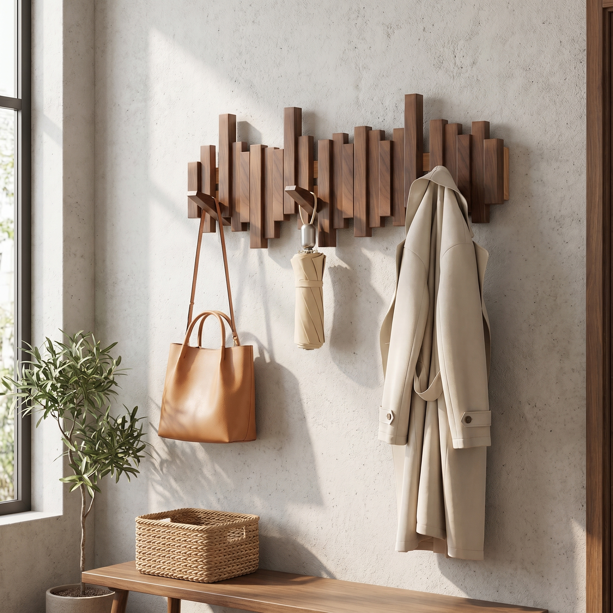 Wooden Wall Coat Rack, Magnetic Foldable Hooks, Keyhole Mount, Four Sizes