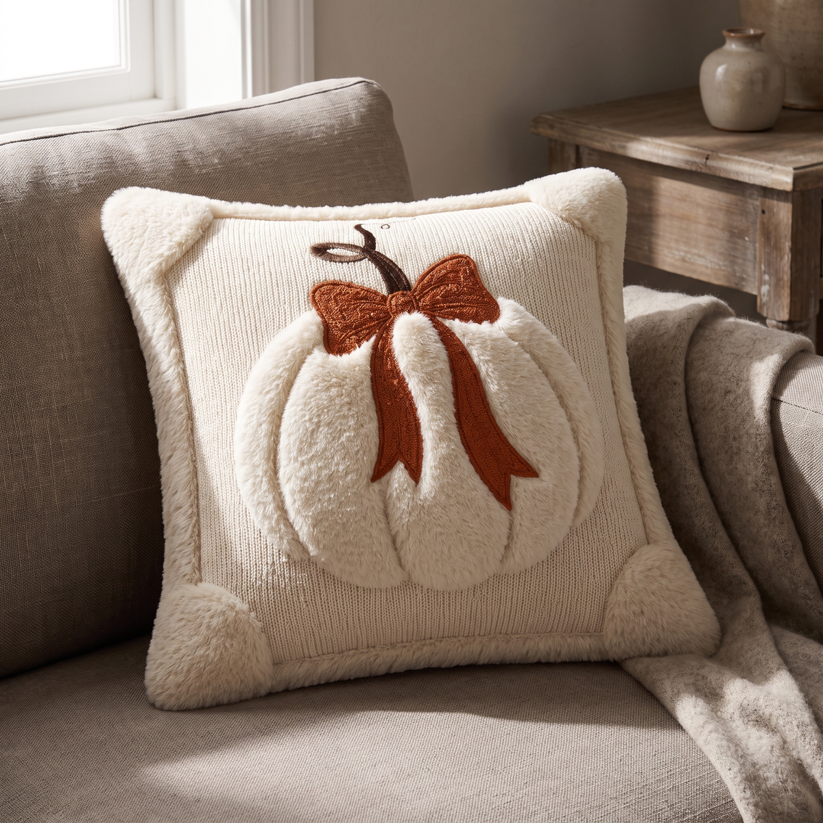 Close view of the tufted white pumpkin and embroidered rust bow on the cream Ylva pillow cover