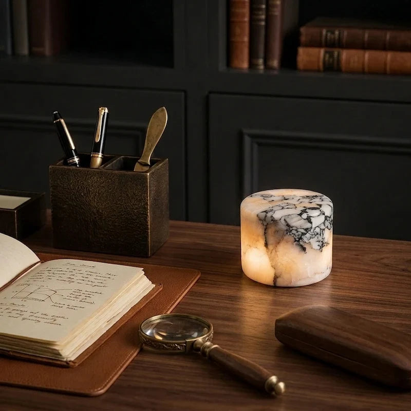 Ystad lamp in Ivory Noir on a wood desk beside an open notebook