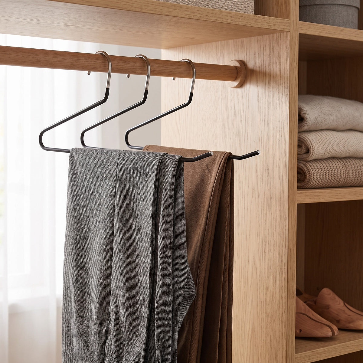 Three black Z shape pants hangers holding trousers on a wooden closet rod