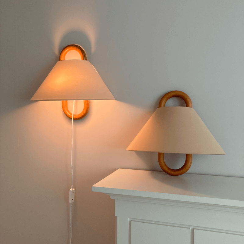 Semi-Circle Wall Sconce, Solid Wood, Fabric Shade, Plug-in or Hardwired