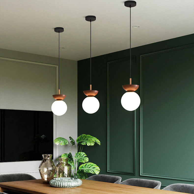 Glass Orb Ceiling Light, Iron, G9, Semi-Flush or Pendant, Wood or Walnut