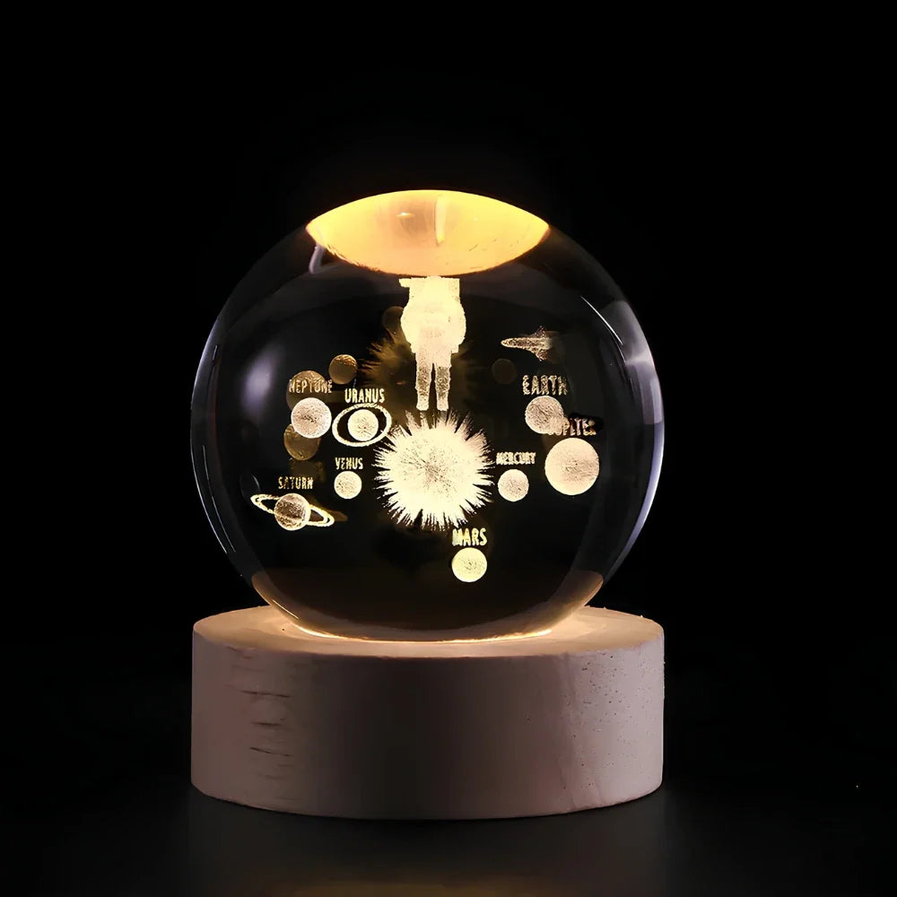 Crystal Ball Lamp, 3D Engraved, Solid Wood and Glass, Warm White LED