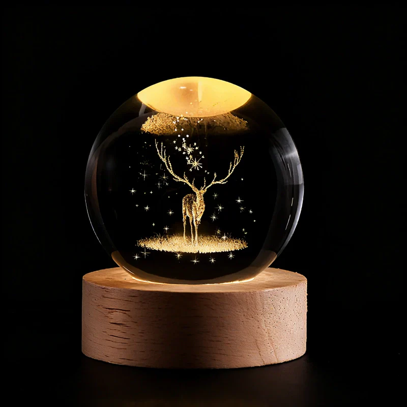 Crystal Ball Lamp, 3D Engraved, Solid Wood and Glass, Warm White LED