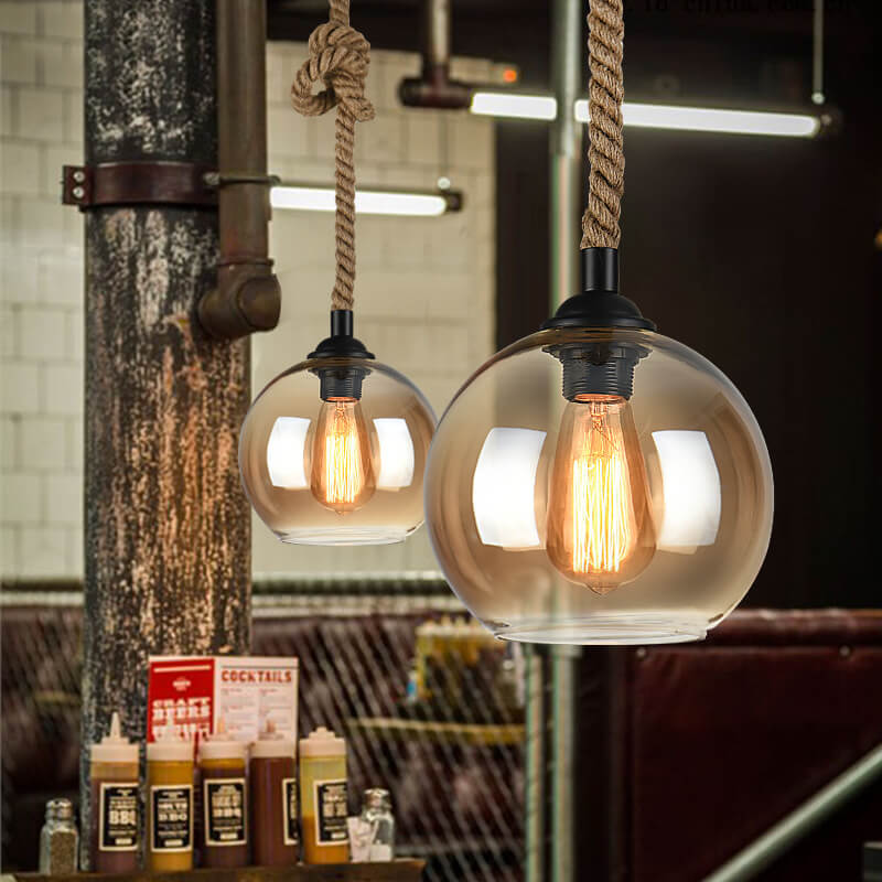 Rope Glass Globe Pendant Light, E26, Amber or Clear, Two Sizes, 100-240V