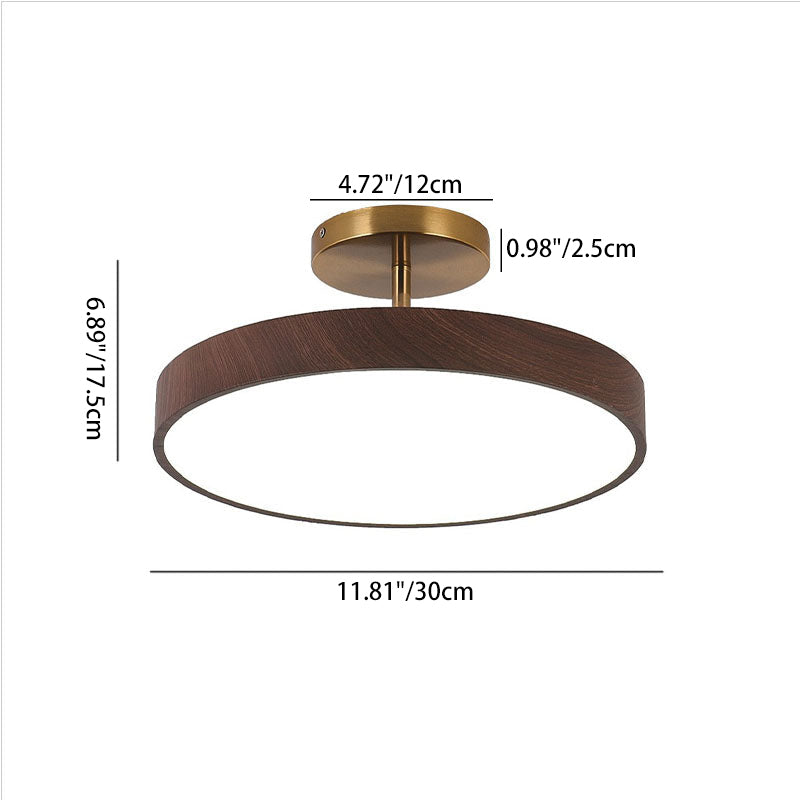 Wood Grain Round LED Semi-Flush Mount, Iron, Three Sizes, 3000K or Dimmable